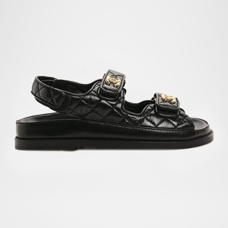 Lambskin Quilted Velcro Gold Metal Logo Dad Sandals