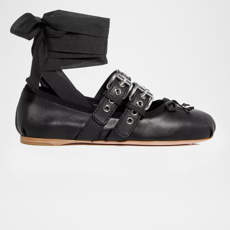 Leather Buckled Ankle Tie Ballerinas